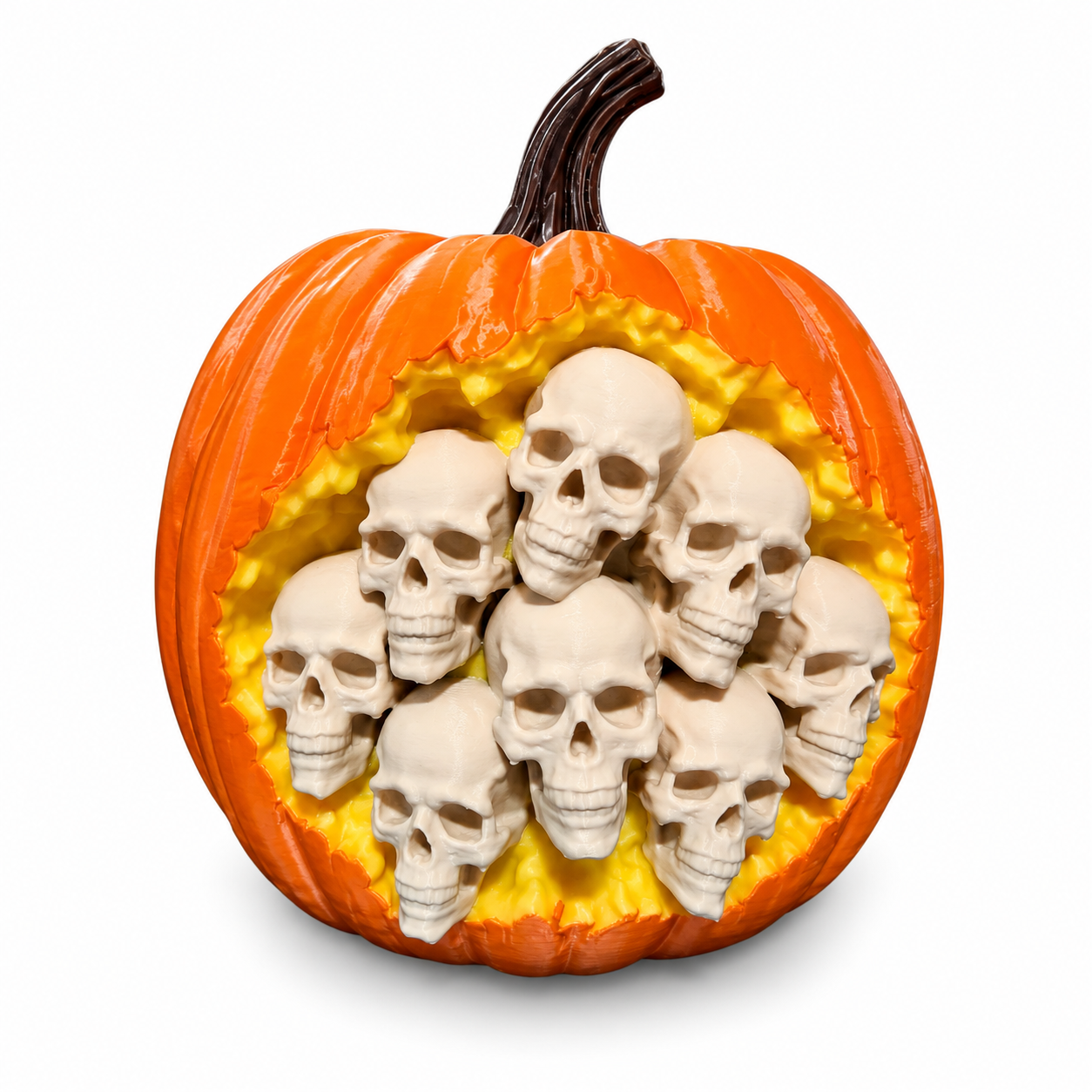 Dragon Girl Design Co. orange pumpkin sculpture filled with detailed bone-colored skulls for Halloween home decor